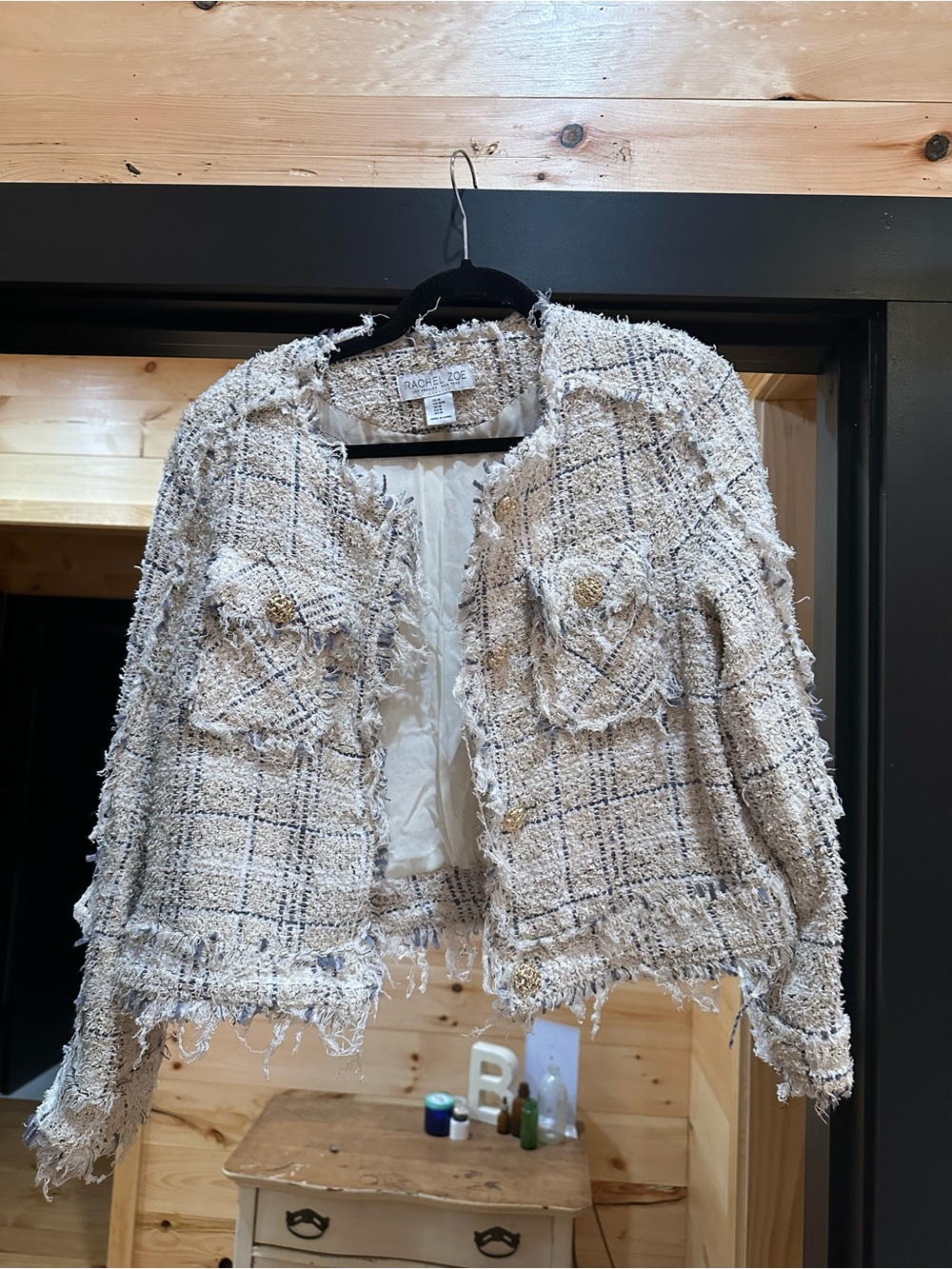 Rachel Zoe Ivory Tweed Frayed Blazer w/ Blue Details